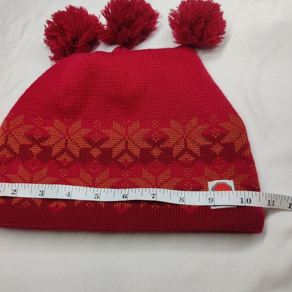 Vtg Husky 3 peak Pom Pom Red Snowflake Fair Isle Ski Hat Beanie Made in Finland - Picture 7 of 8